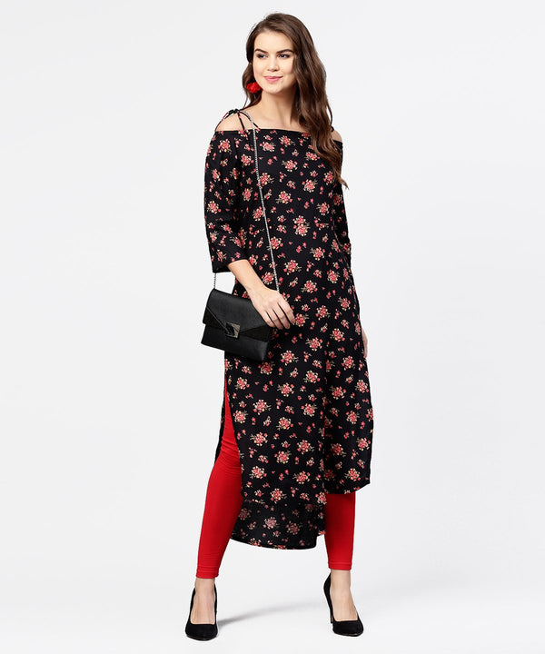 Women's Black Printed 3/4Th Sleeve Cotton Kurta - Nayo Clothing