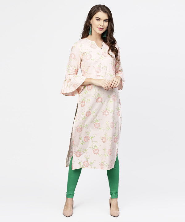 Women's Peach 3/4Th Flared Sleeve Cotton Kurta - Nayo Clothing