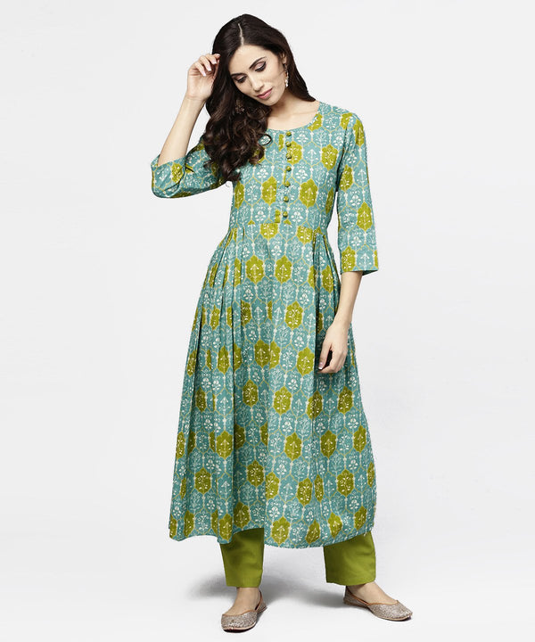 Women's Blue 3/4Th Sleeve Cotton A-Line Kurta - Nayo Clothing