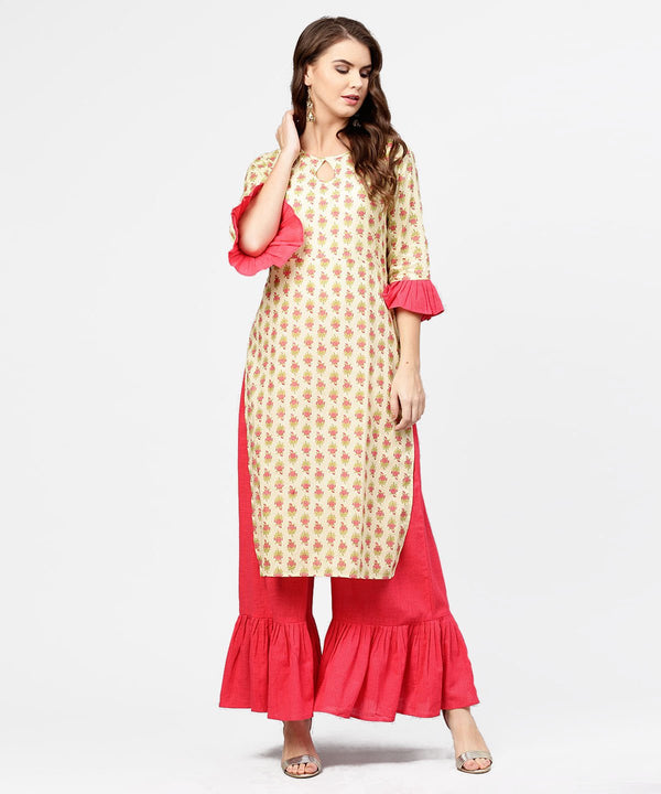 Women's Yellow & Red Printed 3/4Th Sleeve Cotton Kurta With Sharara - Nayo Clothing