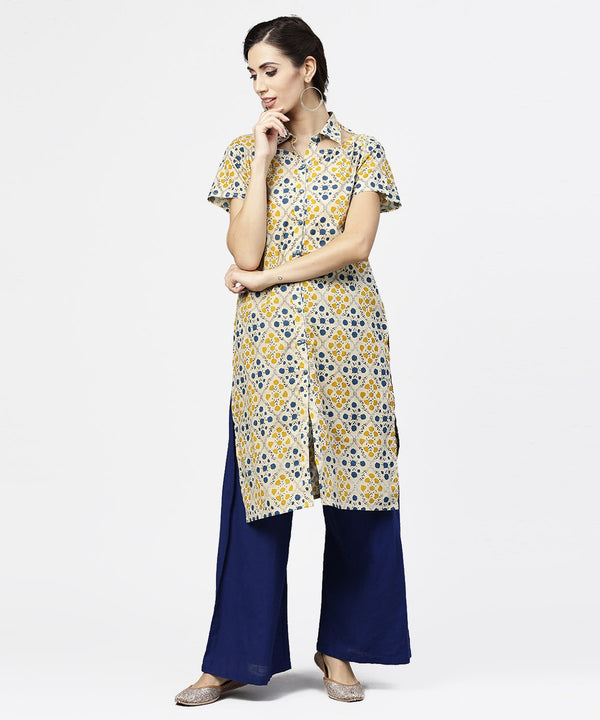 Women's Blue Short Sleeve Cotton Kurta - Nayo Clothing