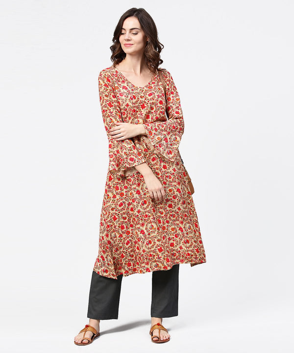 Women's Red Printed 3/4Th Sleeve Cotton A-Line Kurta - Nayo Clothing