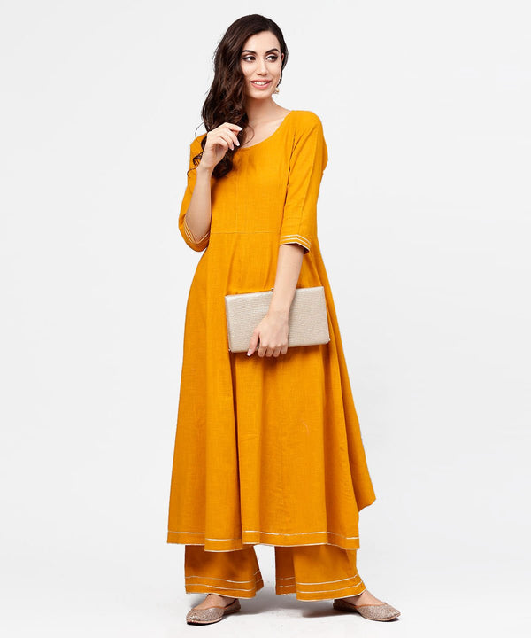 Women's Yellow 3/4Th Sleeve Cotton Anarkali Kurta With Ankle Length Flared Pallazo With Gotta Work - Nayo Clothing