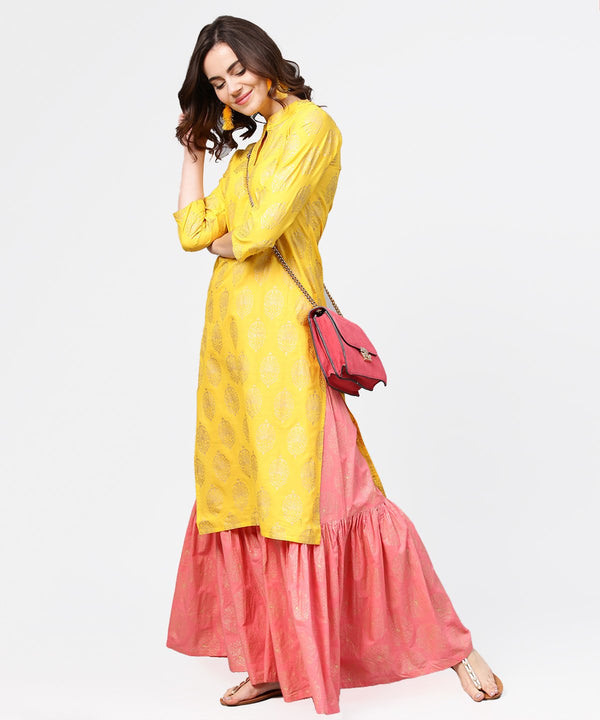 Women's Yellow Golden Printed 3/4Th Sleeve Kurta With Pink Ankle Length Sharara - Nayo Clothing