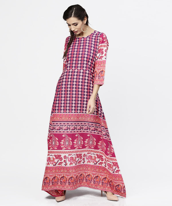 Women's Red Printed 3/4Th Sleeve Cotton Floor Length Kurta - Nayo Clothing