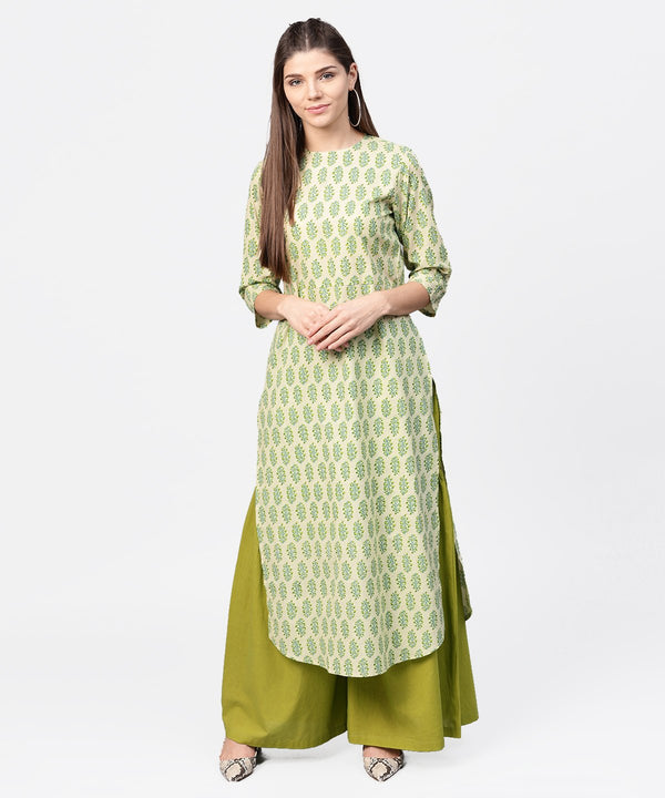 Women's Green Printed 3/4Th Sleeve Cotton Straight Long Kurta - Nayo Clothing