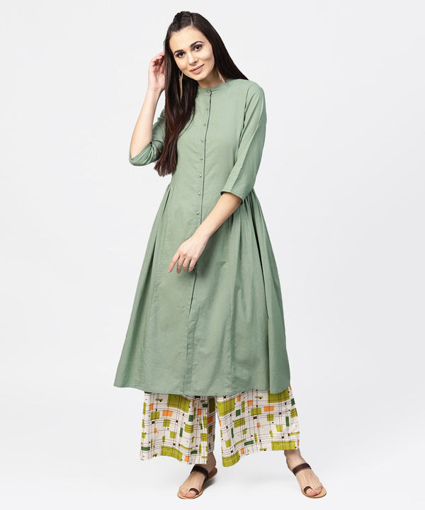 Women's Dark Green Solid 3/4Th Sleeve Cotton A-Line Kurta - Nayo Clothing