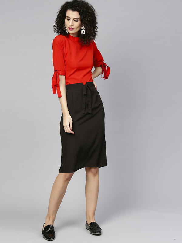 Women's Orange & Black Solid Top With Skirt - Nayo Clothing