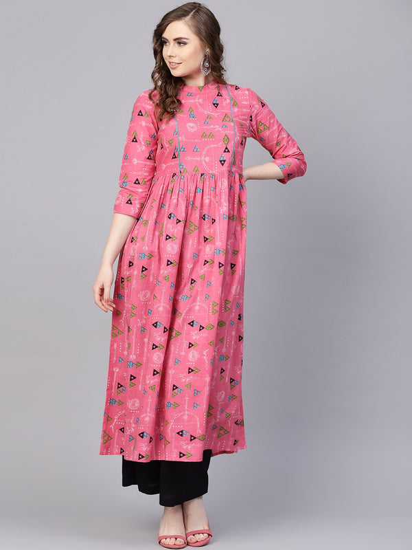 Women's Pink Tribal Printed Kurta With Roll Collar & 3/4 Sleeves - Nayo Clothing