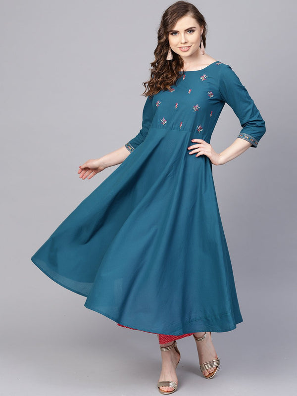 Women's Teal Blue Embroidered Kurta With Round Neck & 3/4 Sleeves - Nayo Clothing