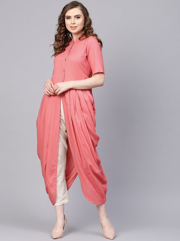 Women's Pink Rayon Half Sleeves Cowl Kurta With Front Placket & Madarin Collar - Nayo Clothing