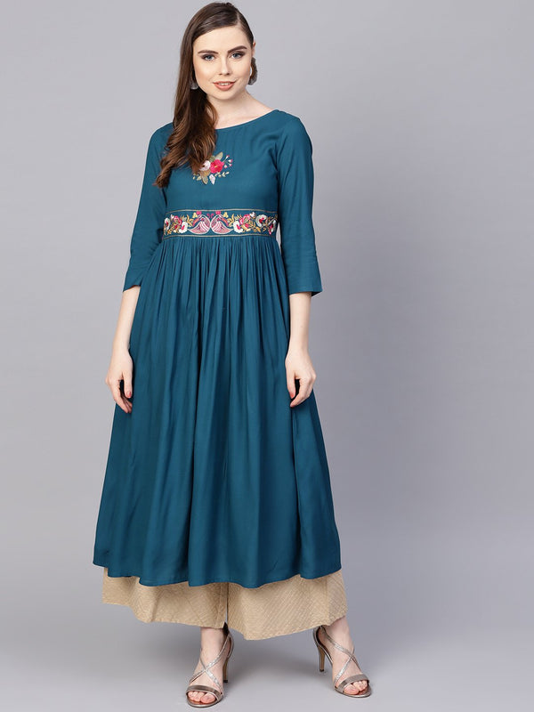 Women's Rayon Teal Blue Embroidered Kurta With Round Neck & 3/4 Sleeves - Nayo Clothing