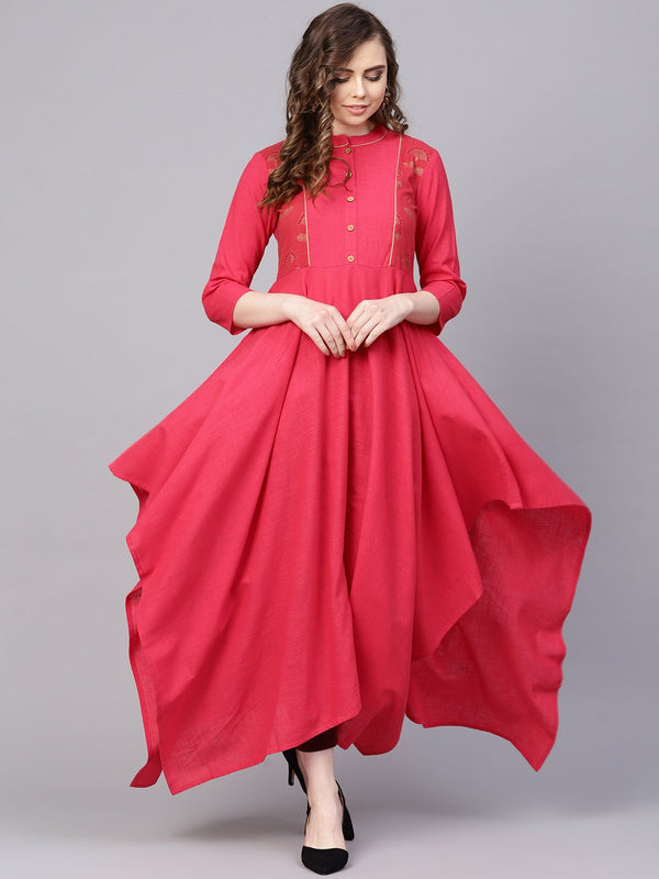 Women's Cotton Fushia Pink Asyemmetric Kurta With Madarin Collar & 3/4 Sleeves - Nayo Clothing