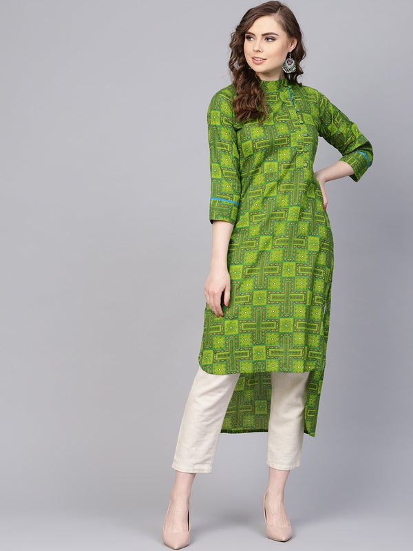 Women's Green Geometric Printed With Closed Collar And Side Placket - Nayo Clothing