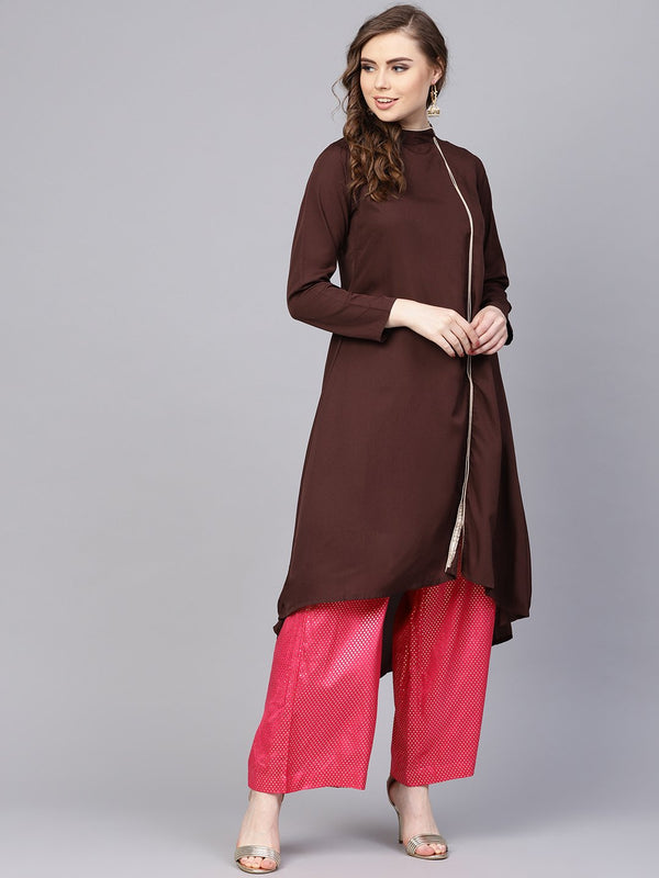 Women's Chocolate Brown Kurta With Side Slit & Roll Colllar - Nayo Clothing