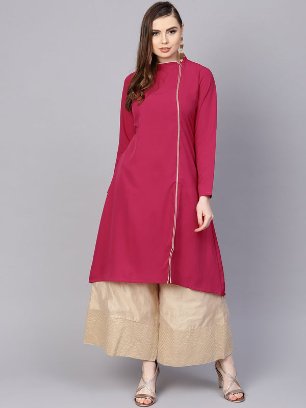 Women's Solid Megenta Kurta With Side Slit & Roll Colllar - Nayo Clothing