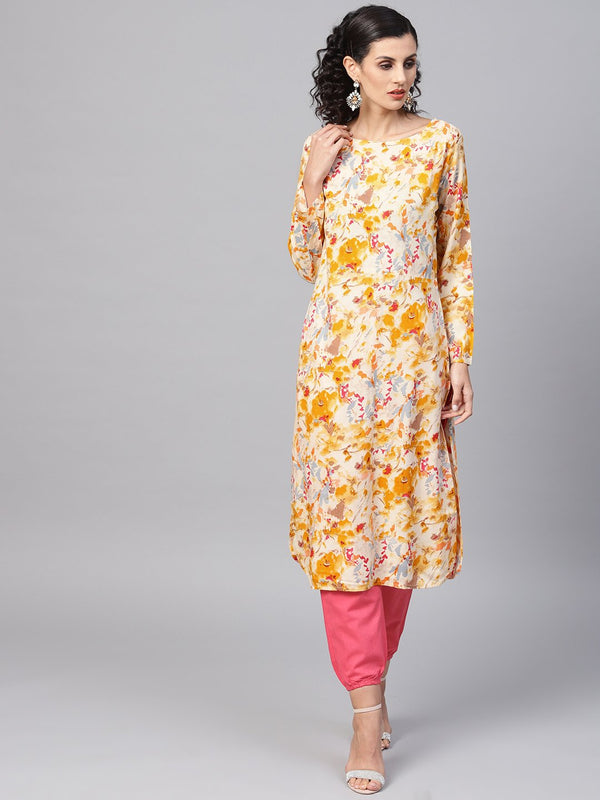 Women's Yellow Coloured Printed Kurta Set With Solid Megenta Pants - Nayo Clothing