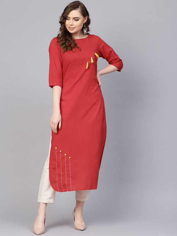 Women's Solid Red Kurta With Thread Stitch And Tassels Detailing With A Round Neck And 3/4Th Sleeves - Nayo Clothing