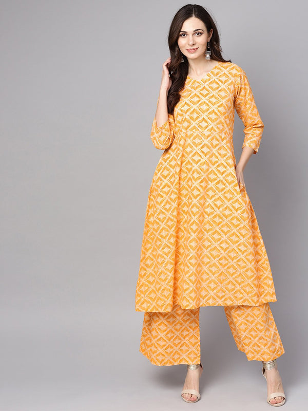 Women's Yellow Geometric Printed Kurta Set With Flared Palazzo - Nayo Clothing