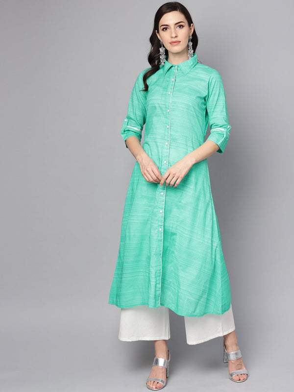 Women's Turquoise Blue A-Line Kurta With Shirt Collar & 3/4 Sleeves - Nayo Clothing