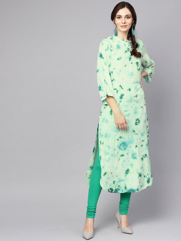 Women's Green Tie & Dye Kurta With Mandarin Collar With Flared Sleeves - Nayo Clothing