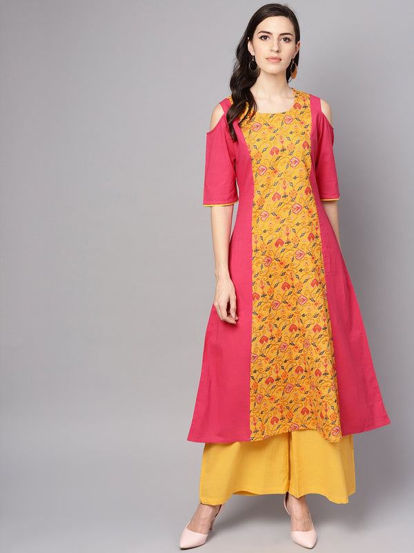 Women's Yellow Patola Printed Cold Shoulder Sleeve Cotton Kurta With Solid Flared Palazzo - Nayo Clothing