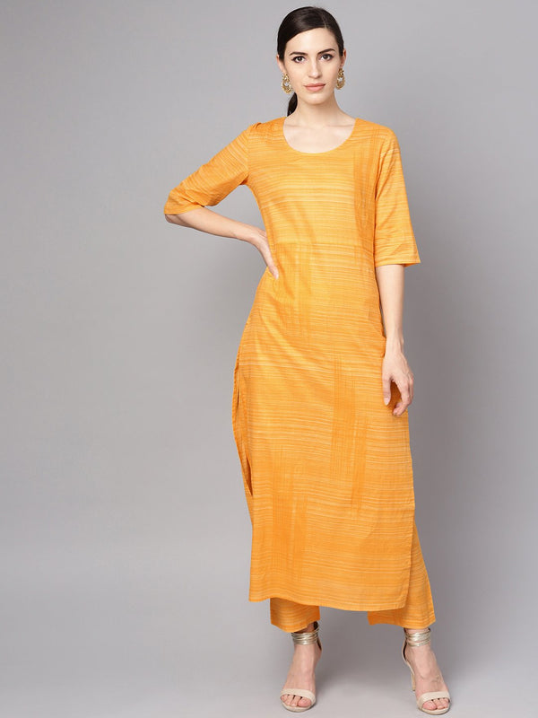 Women's Yellow Cotton Slub Half Sleeve Kurta Set With Pants - Nayo Clothing