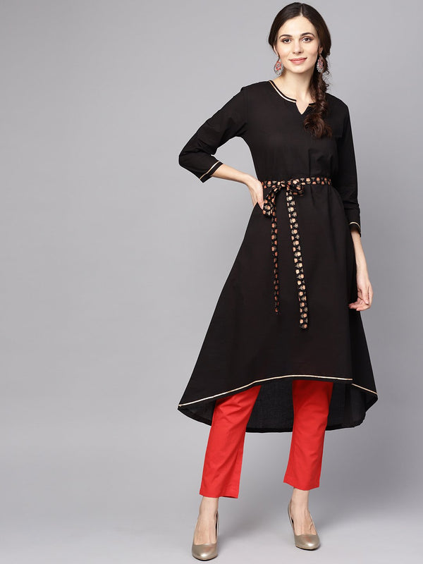 Women's Solid Black Asyemmetric Kurta With Printed Belt - Nayo Clothing