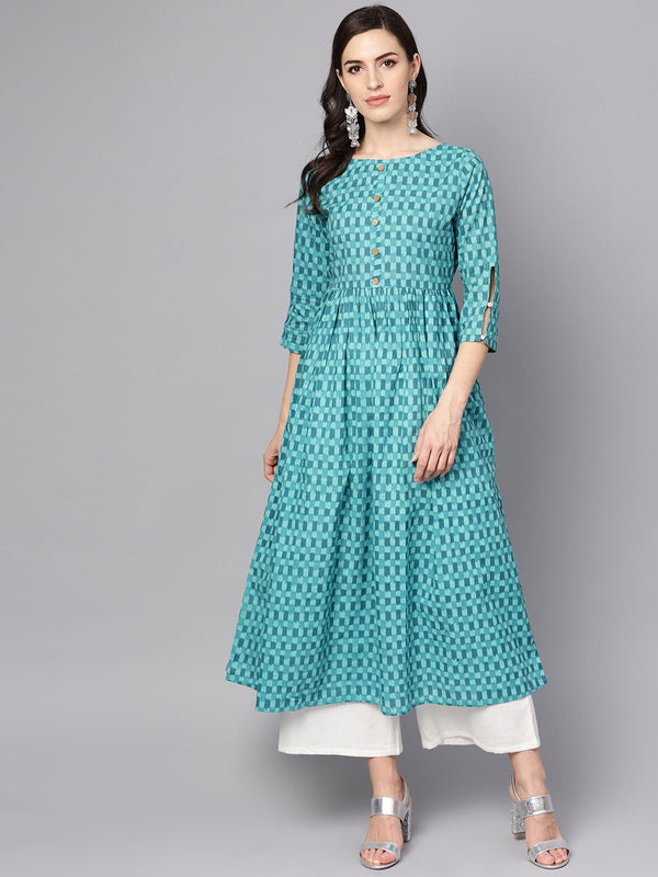 Women's Blue Checked Pleated Kurta With Round Neck & 3/4 Sleeves - Nayo Clothing