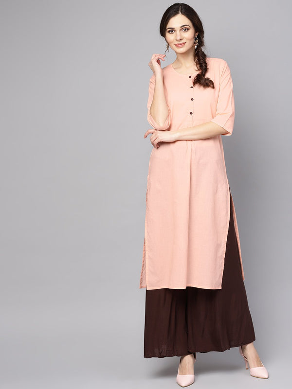 Women's Solid Peach 3/4Th Sleeve Cotton Kurta - Nayo Clothing