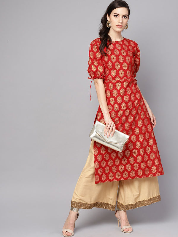 Women's Red Printed Half Sleeve Cotton Straight Kurta - Nayo Clothing