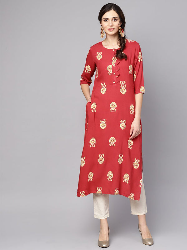 Women's Red Printed Short Sleeve Rayon Straight Kurta - Nayo Clothing