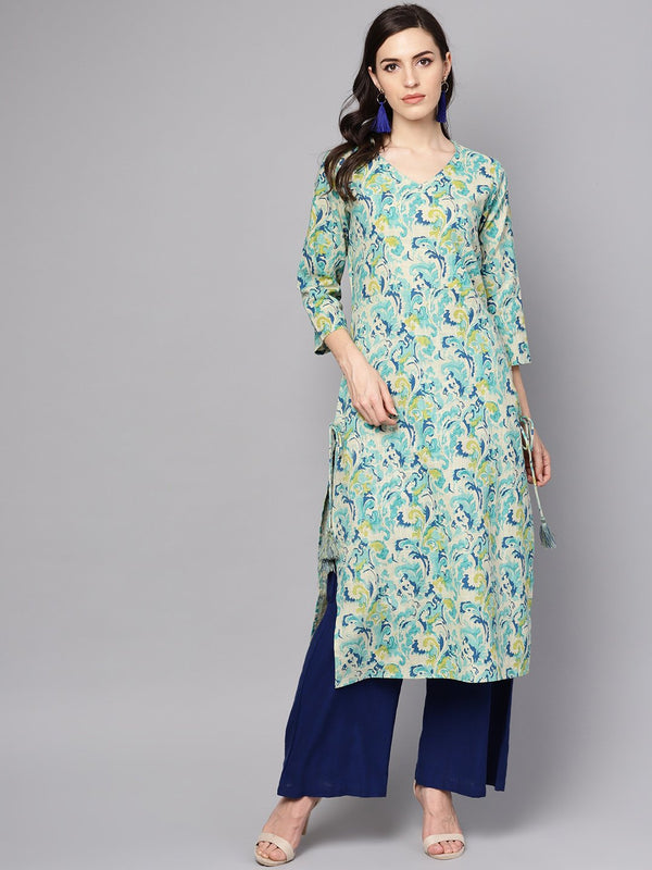 Women's Green Printed 3/4Th Sleeve Cotton Printed Kurta - Nayo Clothing