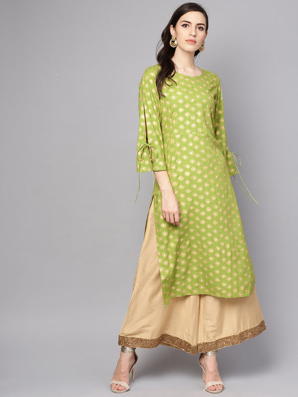 Women's Green Printed 3/4Th Sleeve Rayon Printed Kurta - Nayo Clothing