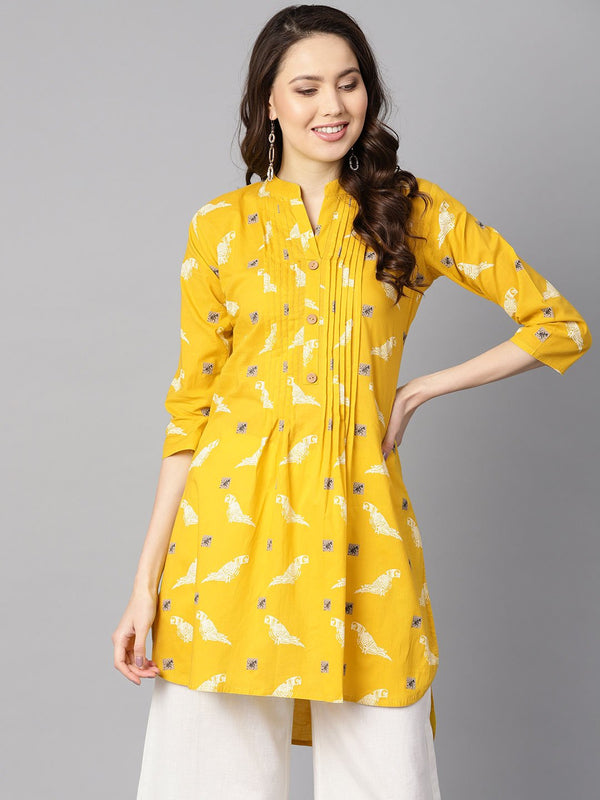 Women's Mustard Yellow White Khadi Bird Print Kurta With Pleats Detailing - Nayo Clothing