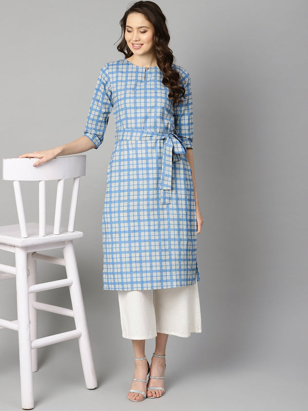 Women's Blue Colored Checkered Boat Neck With Front Keyhole Kurta With Reversible Belt. - Nayo Clothing