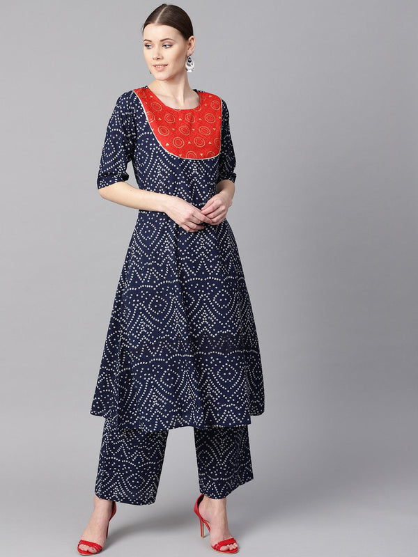 Women's Navy Blue Half Sleeve Bandhni Print Kurta With Front Printed Yoke - Nayo Clothing