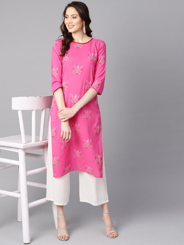 Women's Pink Round Neck Floral Printed Cotton Straight Kurta - Nayo Clothing