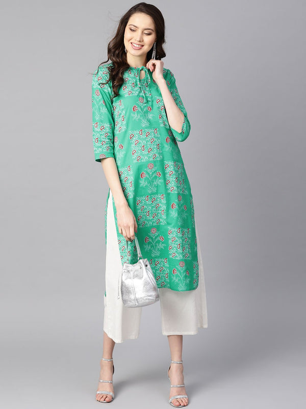 Women's Rama Green Floral Print Round Neck With Keyhole Tassel Kurta - Nayo Clothing