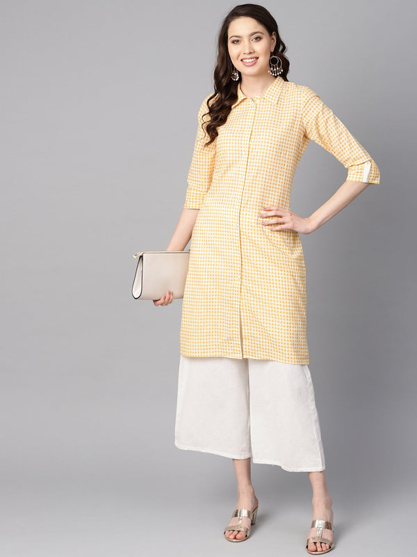 Women's Yellow & White Checked Kurta With Shirt Collar & 3/4 Sleeves - Nayo Clothing