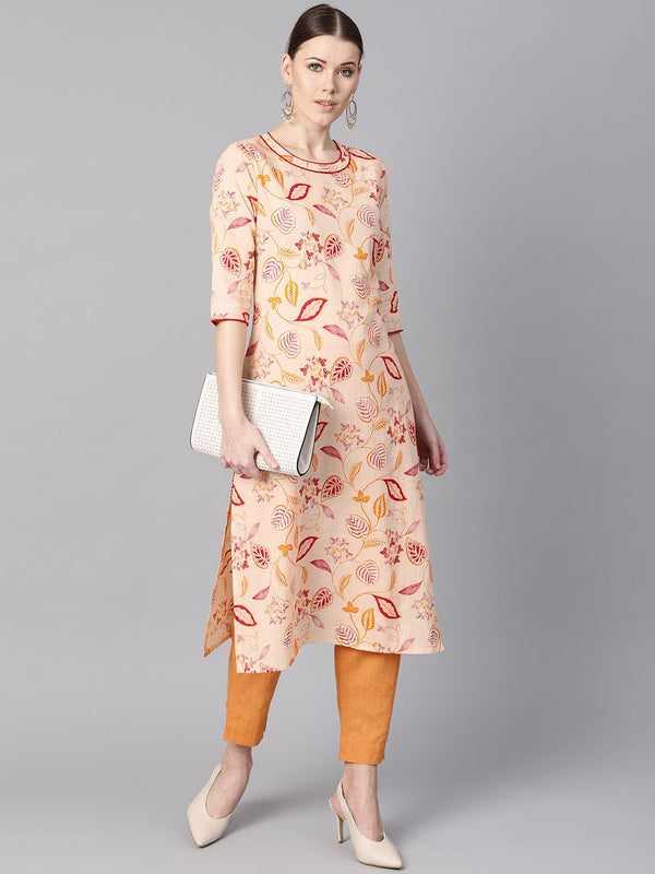 Women's Cream Floral Printed Straight Kurta With Round Neck & 3/4 Sleeves - Nayo Clothing