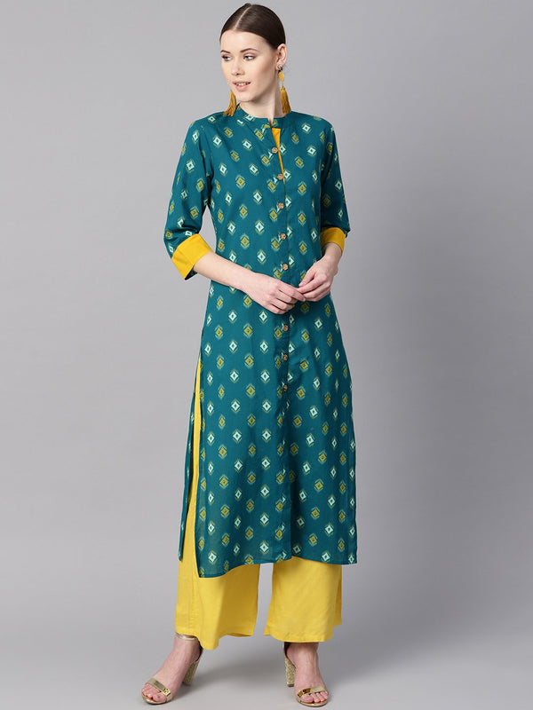 Women's Teal Printed Straight Kurta - Nayo Clothing