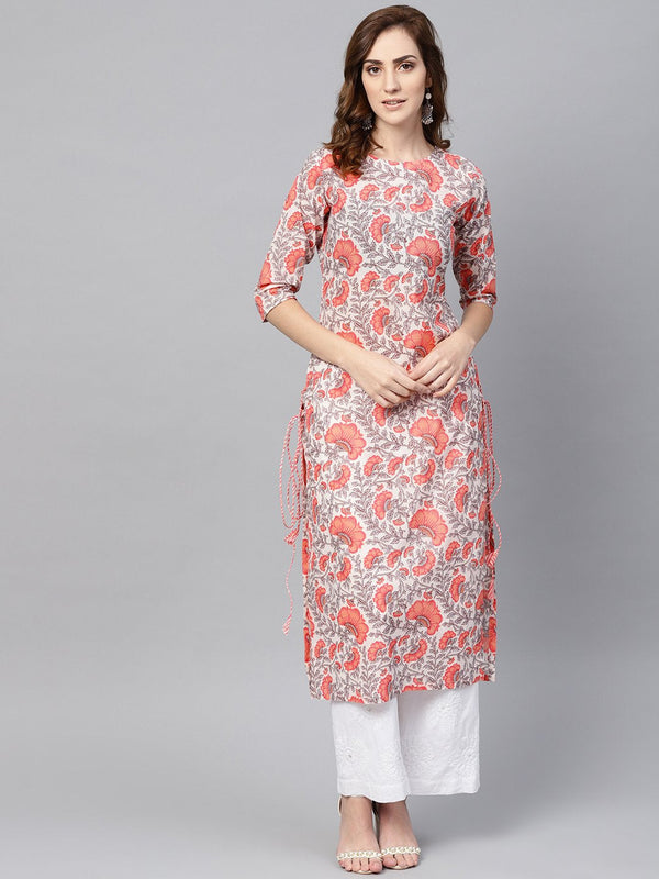 Women's White & Coral Pink Floral Print Straight Kurta - Nayo Clothing