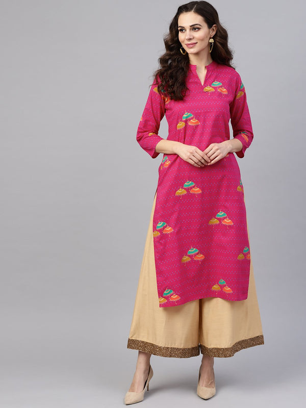 Women's Pink 3/4Th Sleeve Umbrella Printed Cotton Kurta - Nayo Clothing