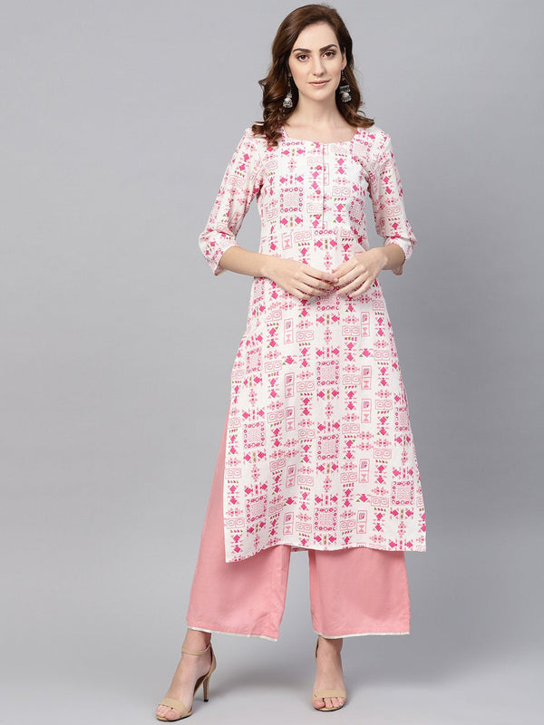 Women's Off White Printed 3/4Th Sleeve Cotton Kurta - Nayo Clothing