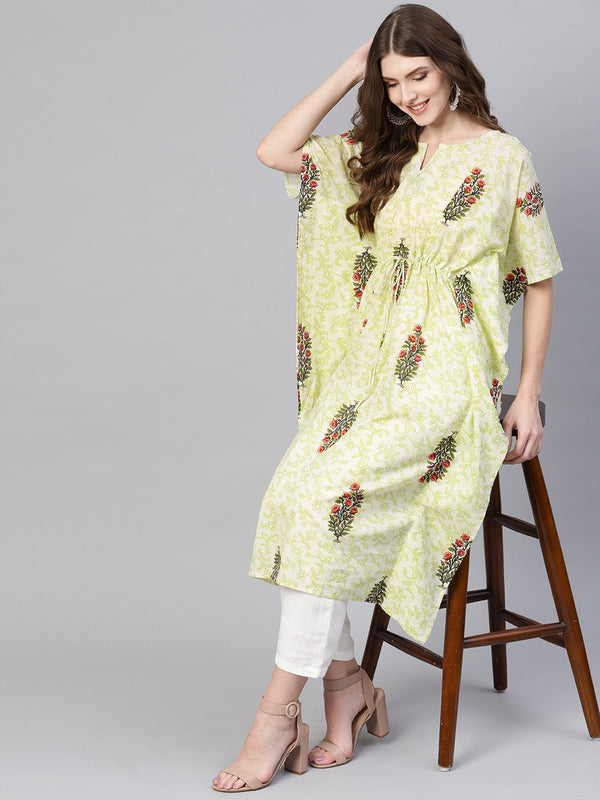 Women's Green & Red Printed Kaftan Kurta - Nayo Clothing