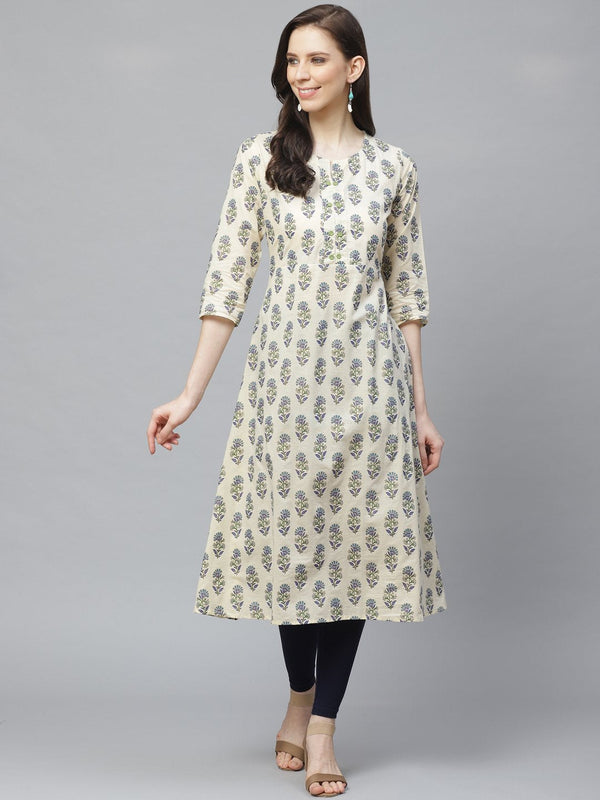 Women's Beige Calf Length Three-Quarter Sleeves A-Line Floral Printed Cotton Kurta - Nayo Clothing