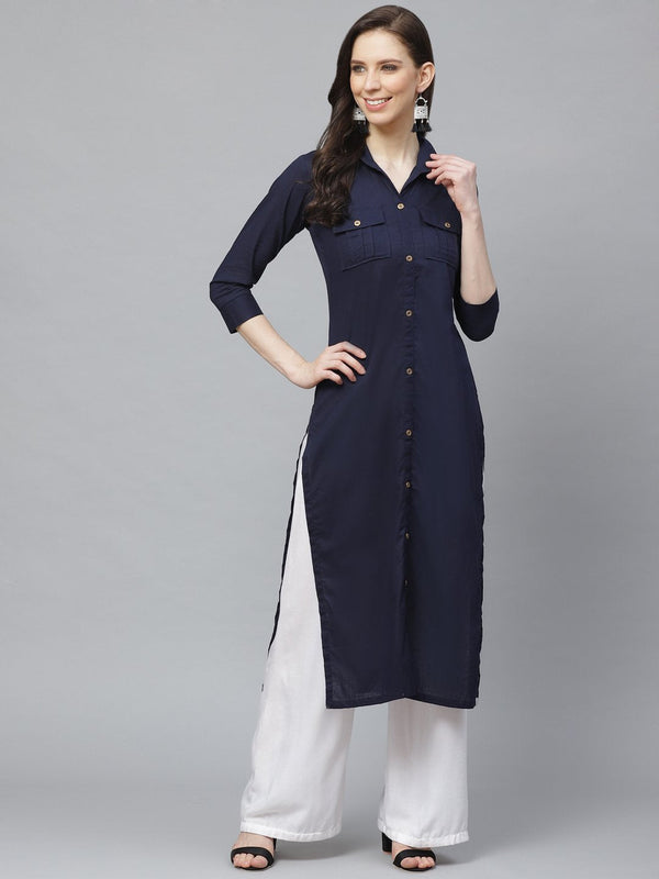 Women's Navy Blue Calf Length Three-Quarter Sleeves Pathani Solid Solid Cotton Kurta - Nayo Clothing