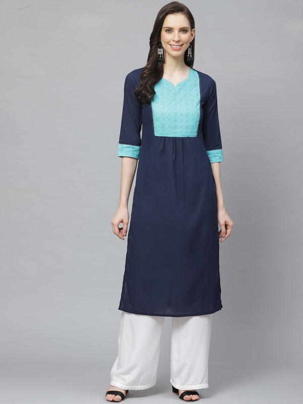 Women's Navy Blue Calf Length Three-Quarter Sleeves Straight Solid Yoke Design Cotton Kurta - Nayo Clothing