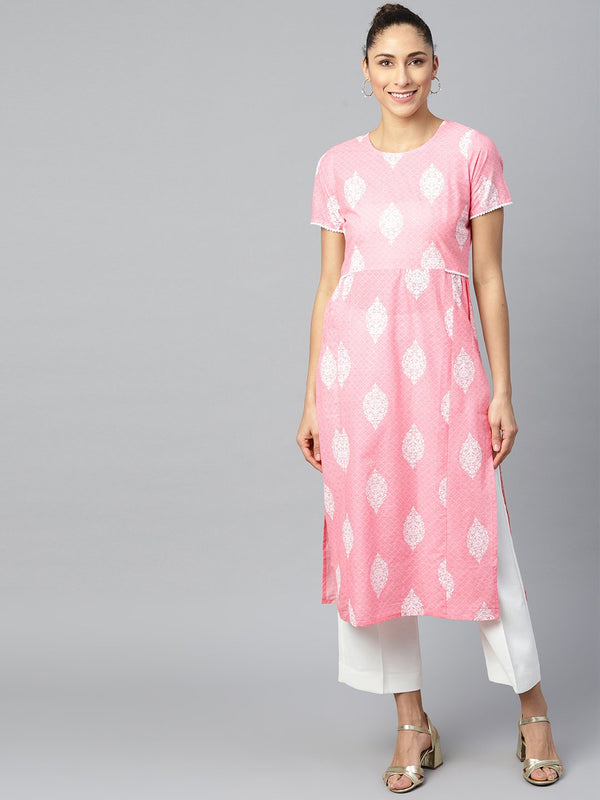 Women's Pink Calf Length Short Sleeves A-Line Ethnic Motifs Printed Cotton Kurta - Nayo Clothing